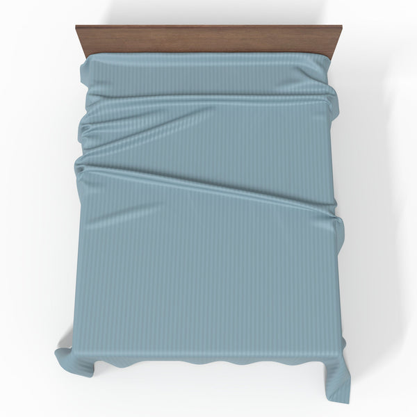 Handmade Luxurious Premium Striped Satin Cotton Flat Sheet | Stone Blue